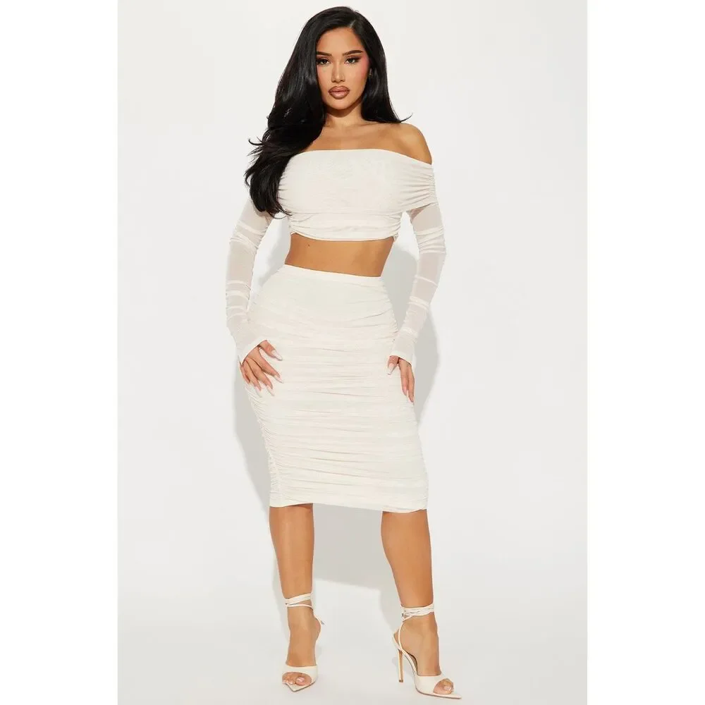 NWT Fashion Nova Candice Mesh Skirt Set - Cream. Size XL